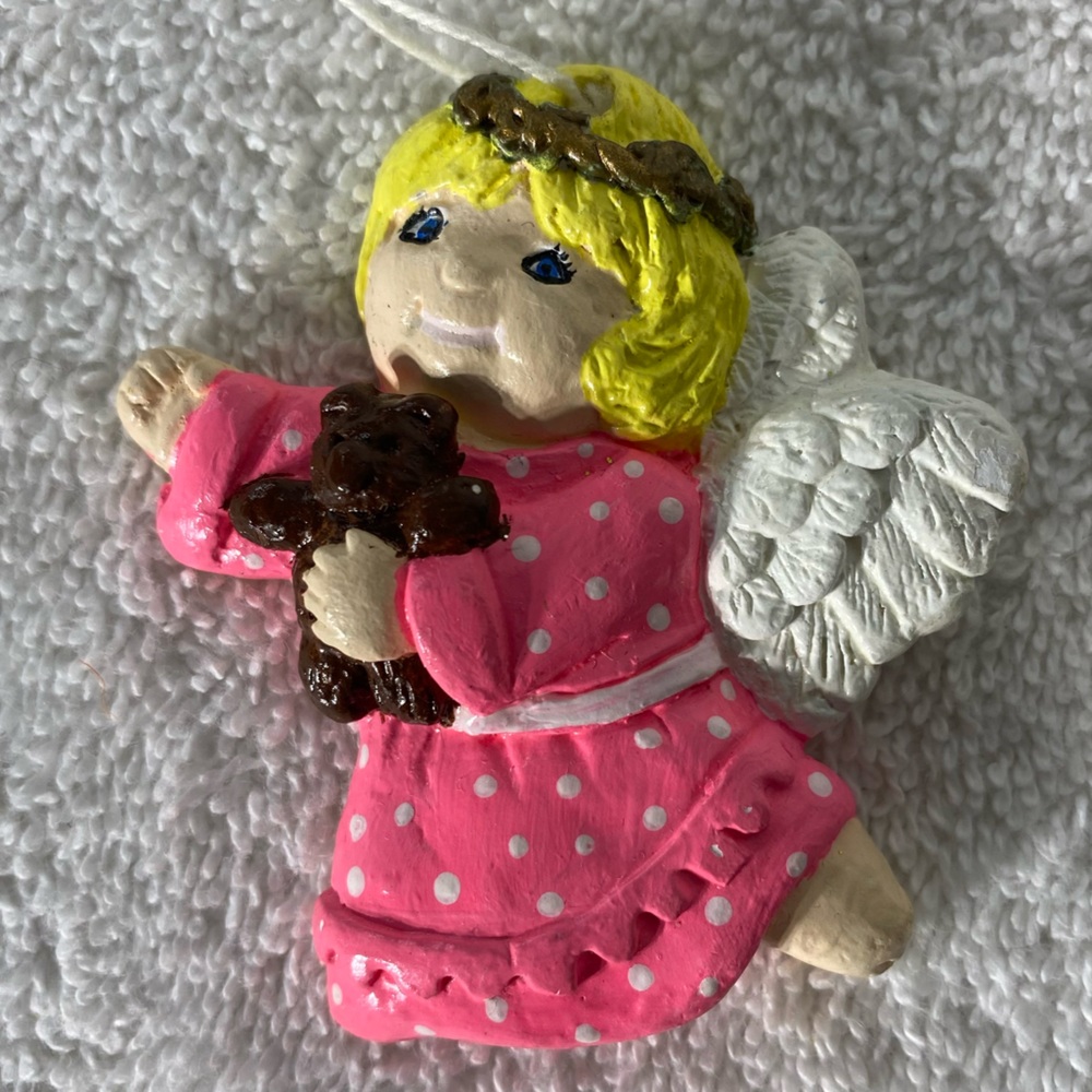 5/$35 Vintage Hand Painted Pink Angel W Bear Ceramic Christmas Tree Ornament